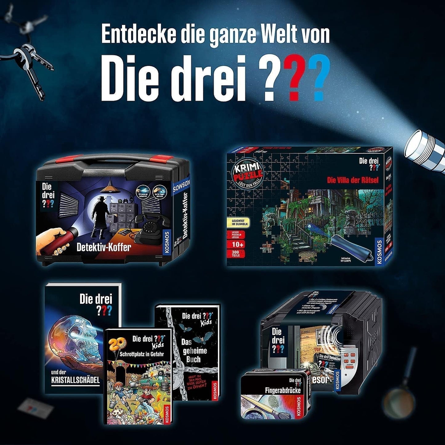 De tre??? - Crime Puzzle - The Villa of the Puzzles Av KOSMOS 697976, 300 bitar, Glow in the dark, Med UV-lampa, Läsning, Pussel, Pussellösning, Detektivpussel Från 10 år Puzzle Naty Shop
