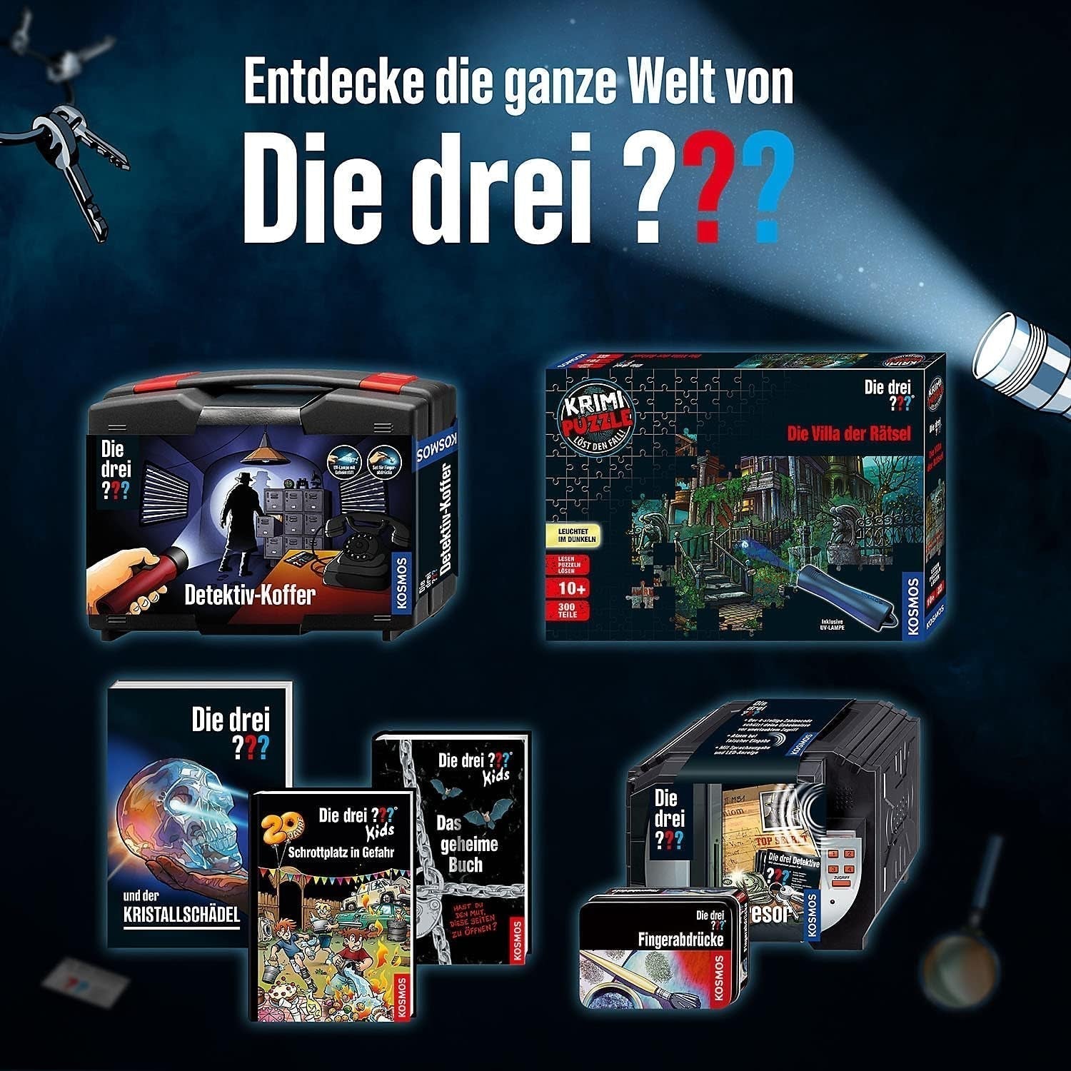 De tre??? - Crime Puzzle - The Villa of the Puzzles Av KOSMOS 697976, 300 bitar, Glow in the dark, Med UV-lampa, Läsning, Pussel, Pussellösning, Detektivpussel Från 10 år Puzzle Naty Shop