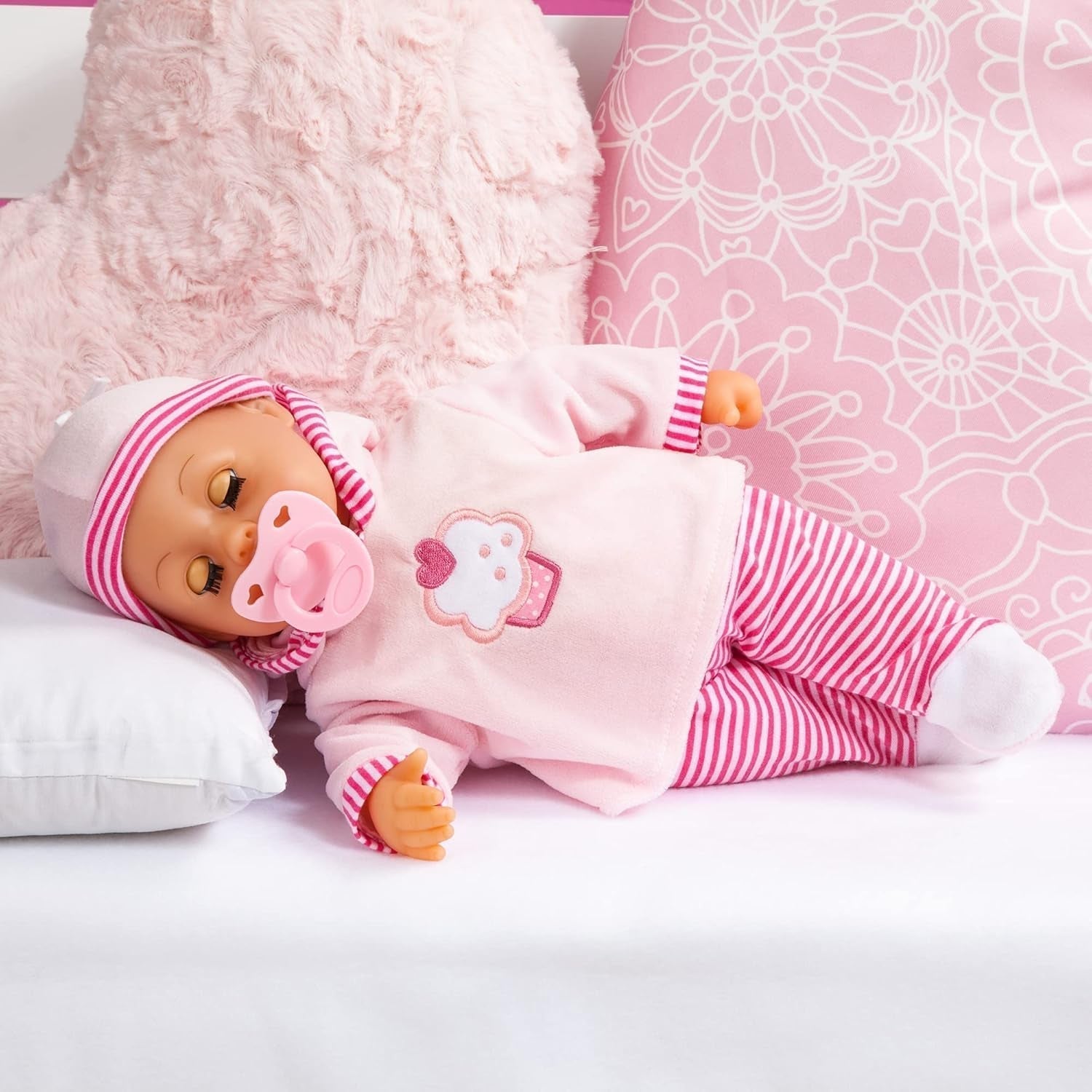 First Words docka med sömniga ögon, talar 24 babyljud, med docka och flaska, 38 cm, rosa/ränder Naty Shop Dolls