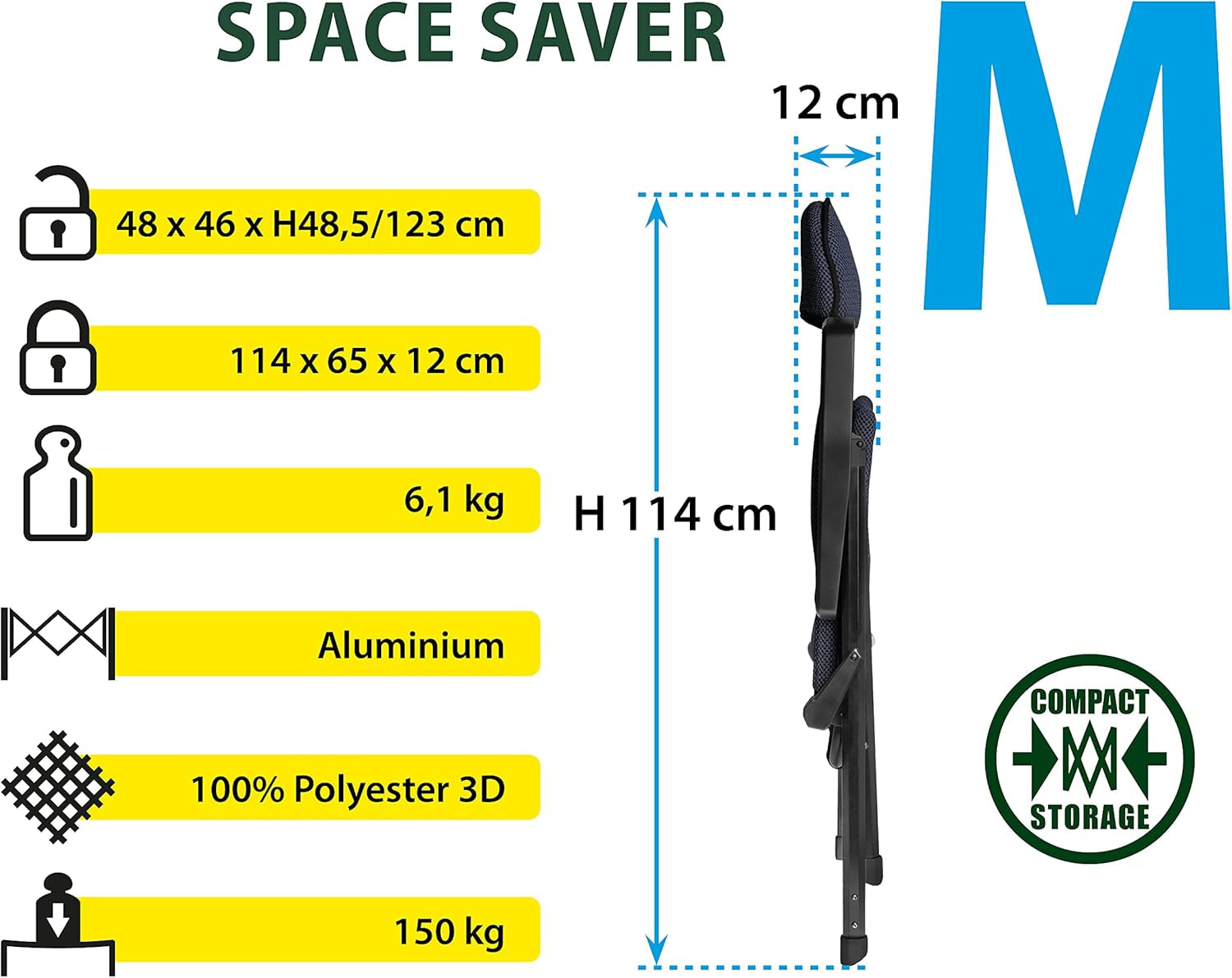 BRUNNER Rebel PRO (S-M-L) Hopfällbar stol för camping, trädgård, uteplats Tillverkad av aluminium, justerbar i 5 lägen, lastkapacitet upp till 150 kg, hög rygg, svarta eller blå Resekuddar Naty Shop