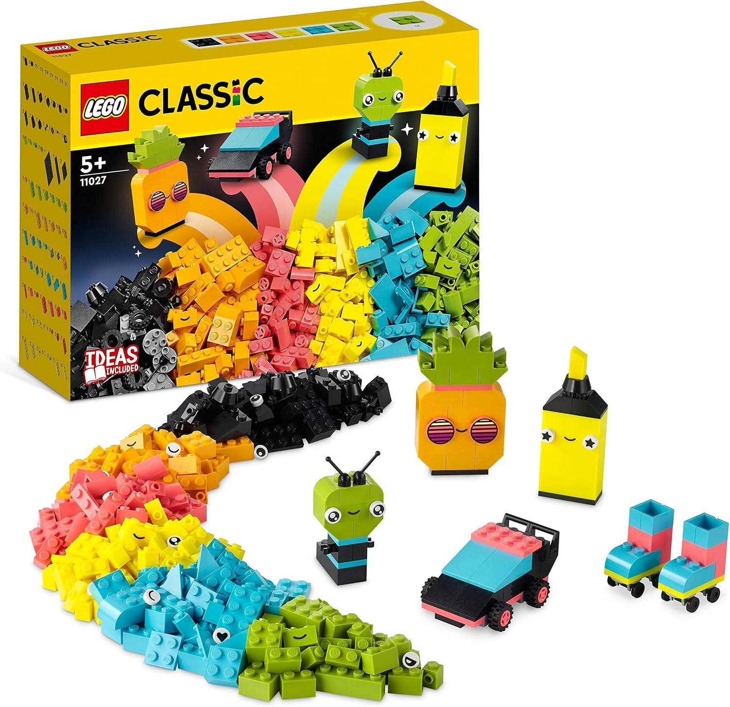 LEGO 11027 Classic Neon Creative Building Set, Brick Box Set, Byggleksak med modeller: bil, ananas, alien, rullskridskor, figurer och mer, för barn från 5 år Byggset Besuche den LEGO-Store Single