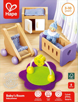 Hape babyrum - dockrumsset i trä, möbler för babydockor, tillbehör till dockskåp för småbarn, babyrum i miniatyr med gunga och tillbehör, rollspel för 3 år