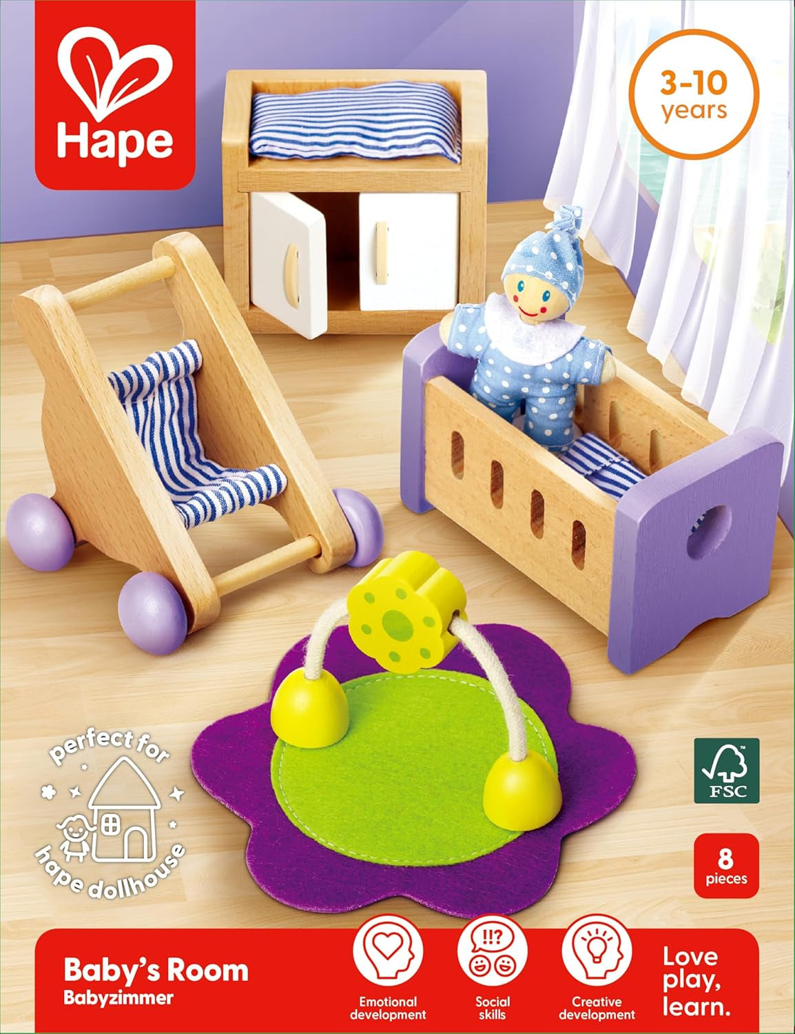 Hape babyrum - dockrumsset i trä, möbler för babydockor, tillbehör till dockskåp för småbarn, babyrum i miniatyr med gunga och tillbehör, rollspel för 3 år