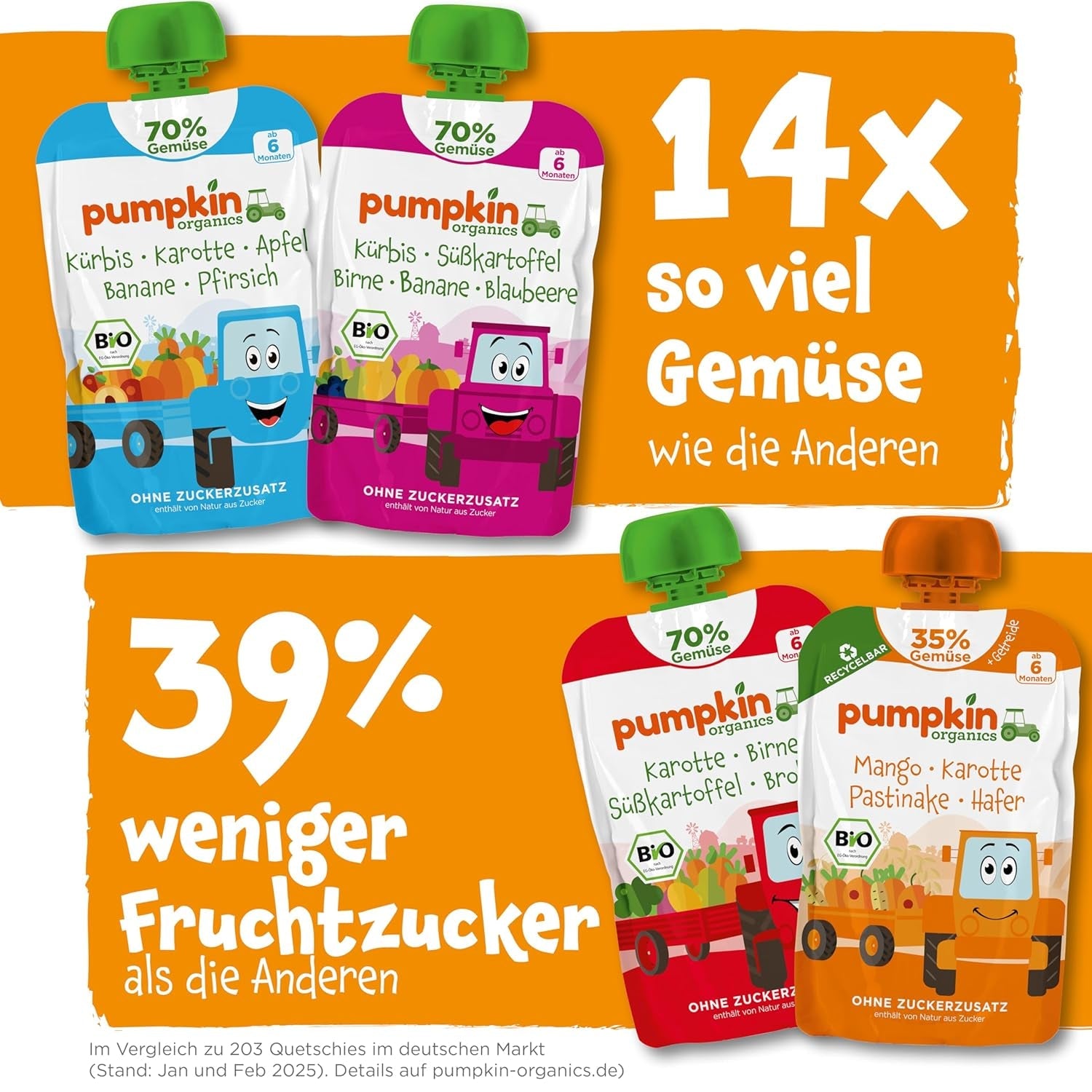 Pumpkin Organics Bio Gemüse-Getreide-Quetschie Kürbis, Birne, Apfel, Pflaume, Hafer ohne Zuckerzusatz¹ - ab 8 Monaten - als Snack eller Beikost für unterwegs (100g)