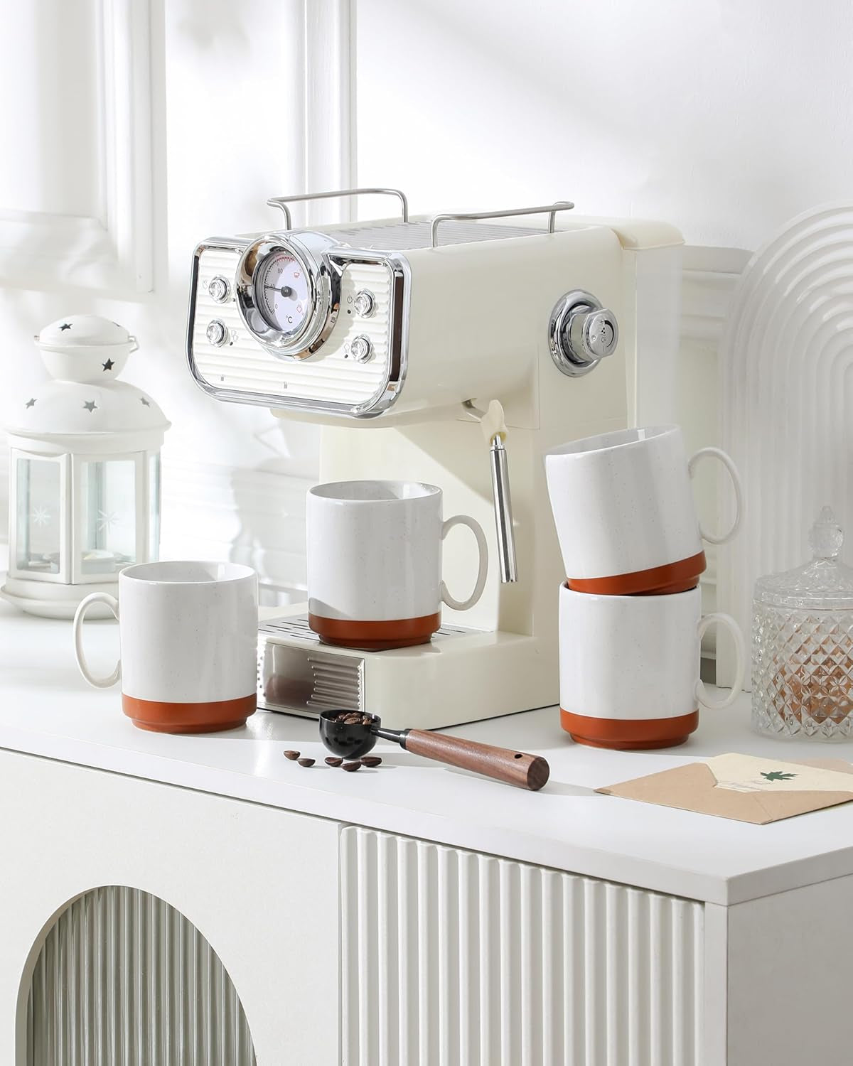 MALACASA kaffemuggset, 350ml muggset av stengods för 4 personer, moderna kaffemuggar för te, juice, latte, cappuccino, varm choklad. Tål diskmaskin och mikrovågsugn, TARA-serien, kakivit