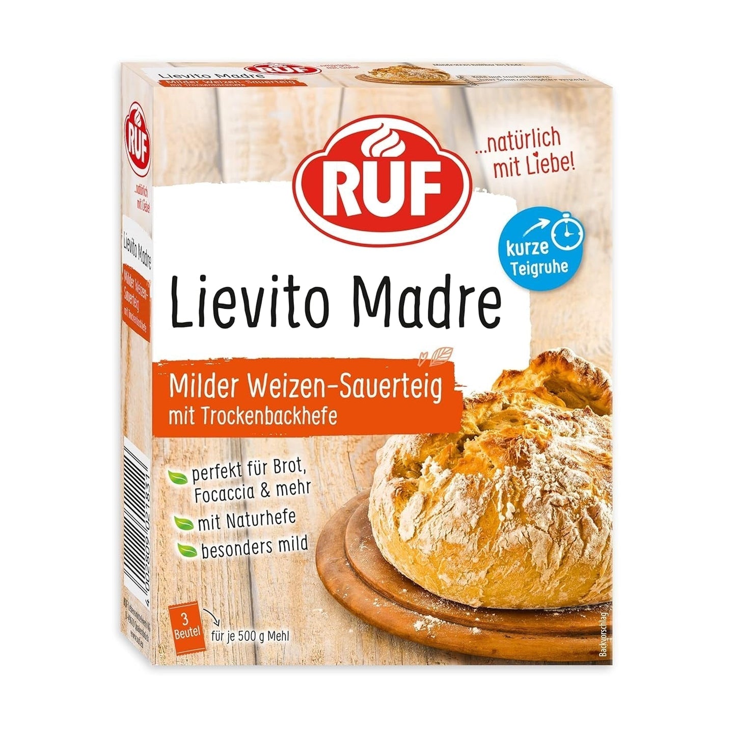 RUF Lievito Madre Sauerteig, Milder Weizen-Sauerteig, Mutterteig, Kurze Teigruhe Durch Enthaltene Trockenhefe, Lievito Madre Getrocknet Für Brot, Baguette, Focaccia, 3X35G Blandning för bakning och matlagning Naty Shop 35 G (3Er Pack) Kurze Teigruhe