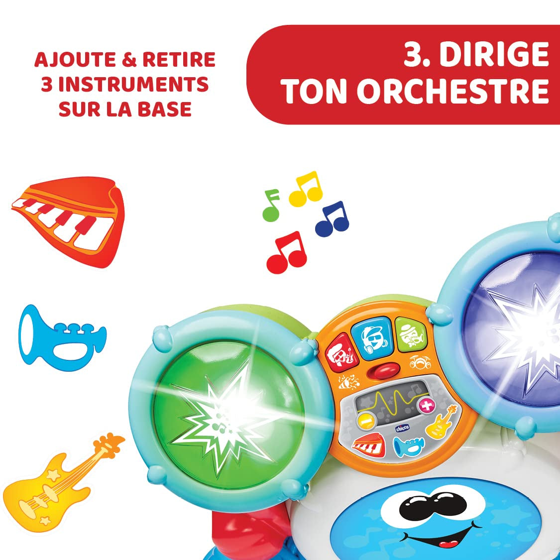 Chicco 00009820100000 Mi första trumset med ljus och ljud, 3 spellägen Musikinstrument med batteri för barn, flerfärgad, stor Jucarii Bebe Naty Shop