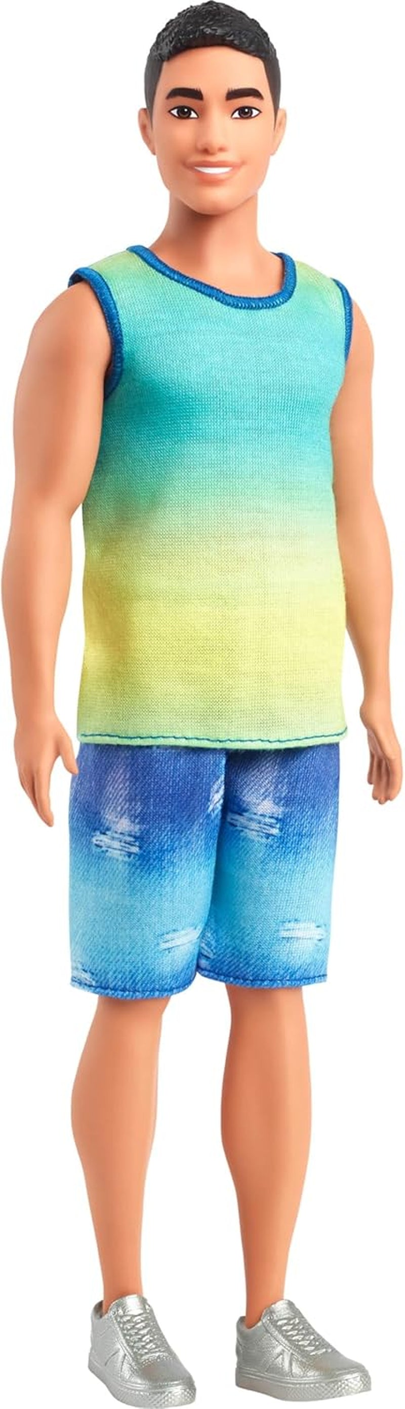 Ken Barbie Fashionistas docka nr. 236 med svart hår, teal ombré linne, jeansshorts och silver sneakers, HYV00