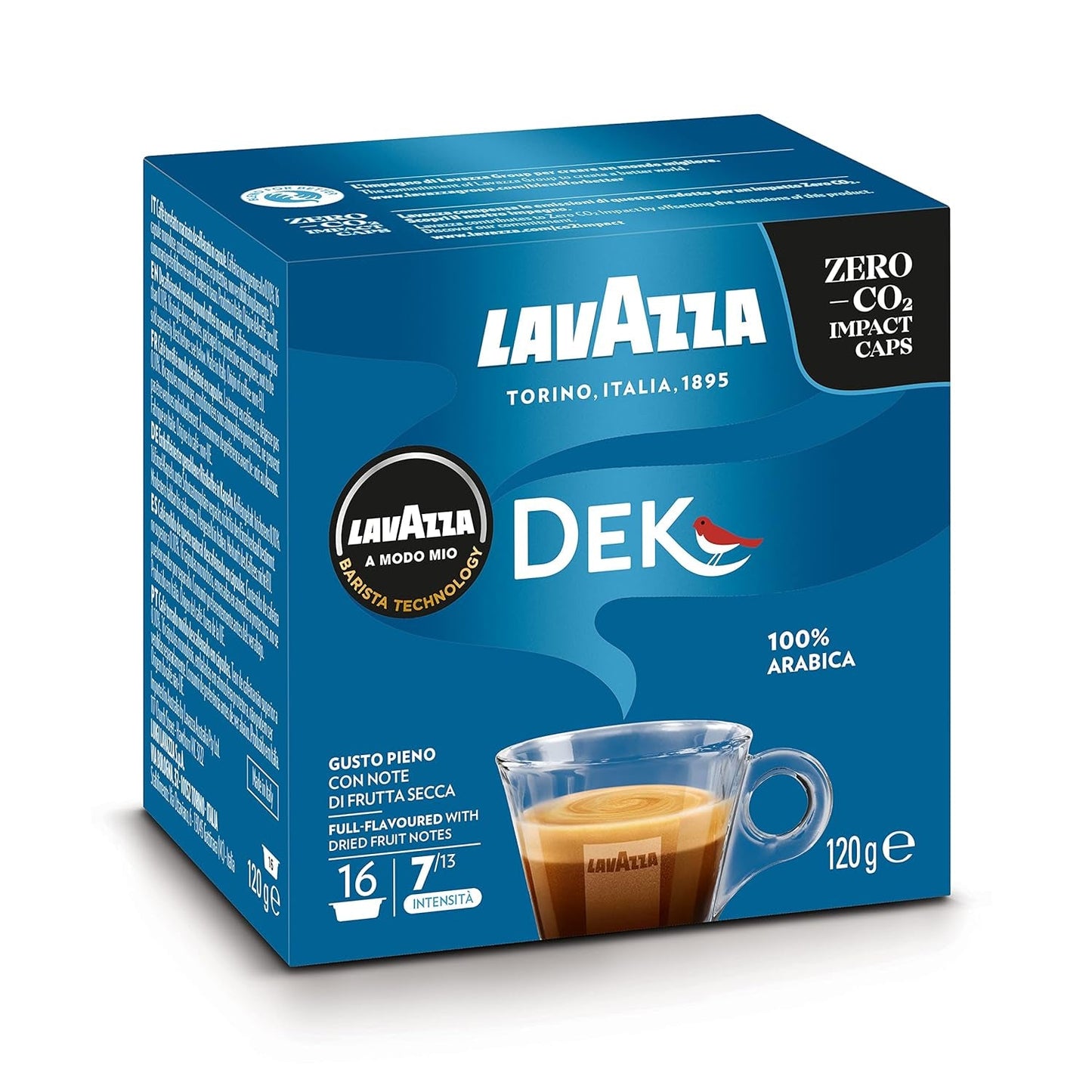 Lavazza A Modo Mio Dek Cremoso, 256 kaffekapslar, för koffeinfri espresso med aromatiska toner av mandel och canditis, 100% Arabica, intensitet 7/13, medelrostad, 16 förpackningar