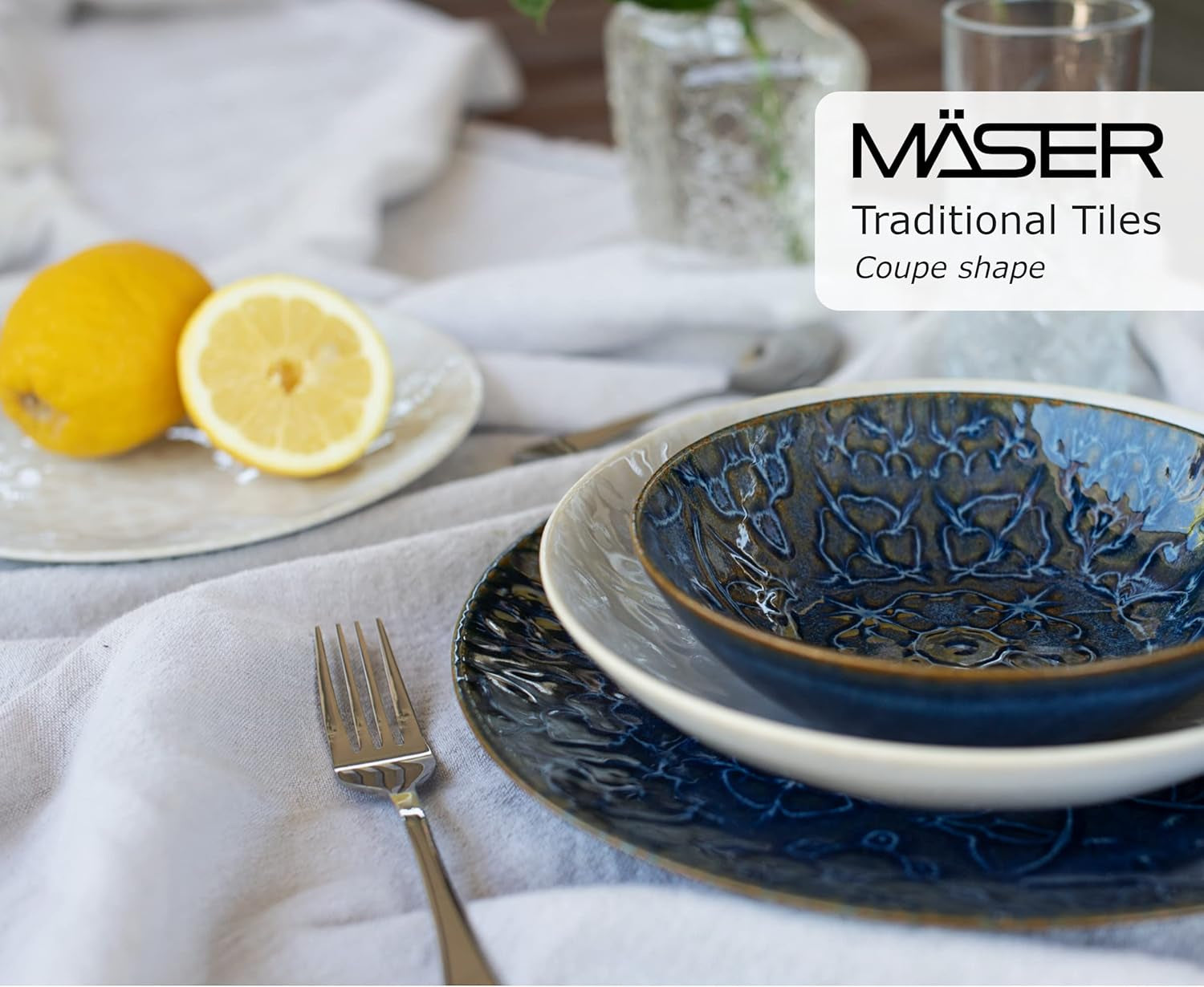 MÄSER 935079 Modern vintage servisset för 2, morisk design, 8-delad bordsservering, högkvalitativa keramiska tallrikar och skålar, stengods, vit