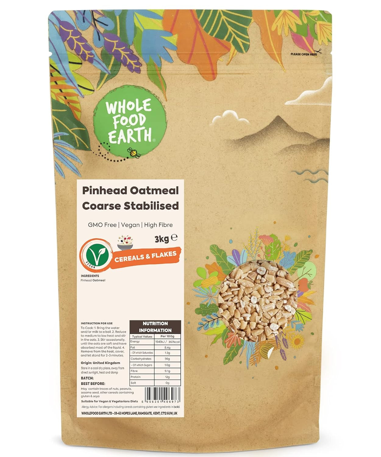 Wholefood Earth Pinhead Havregryn Grovt stabiliserat 3kg | Icke-GMO | Rik på fiber