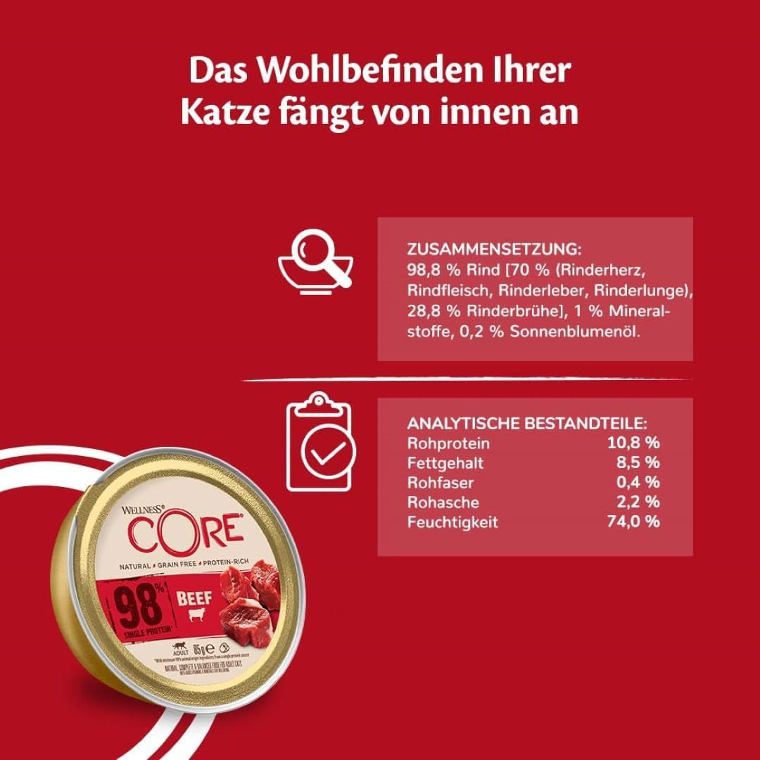 Wellness CORE 98% 12 x 85g, nötkött - våtfoder för katter, tjock paté, spannmålsfri, naturlig, hypoallergen, hög proteinhalt, hög halt av kött