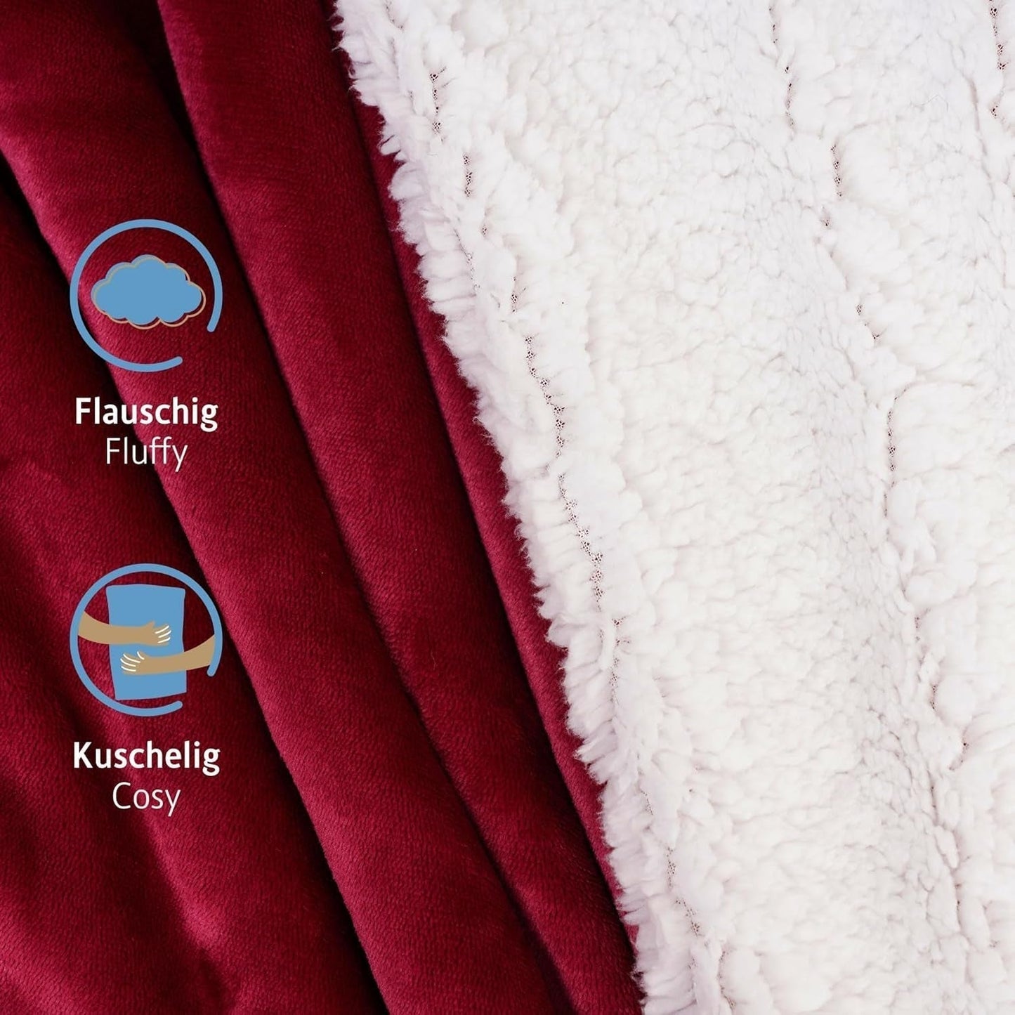 Komfortec mysfilt 150X200 Cm, Oeko-Tex certifierad fluffig fleecefilt, varm sherpafilt till soffan, tjock filt till soffan, vinröda sängar och filtar Besuche den Komfortec-Store