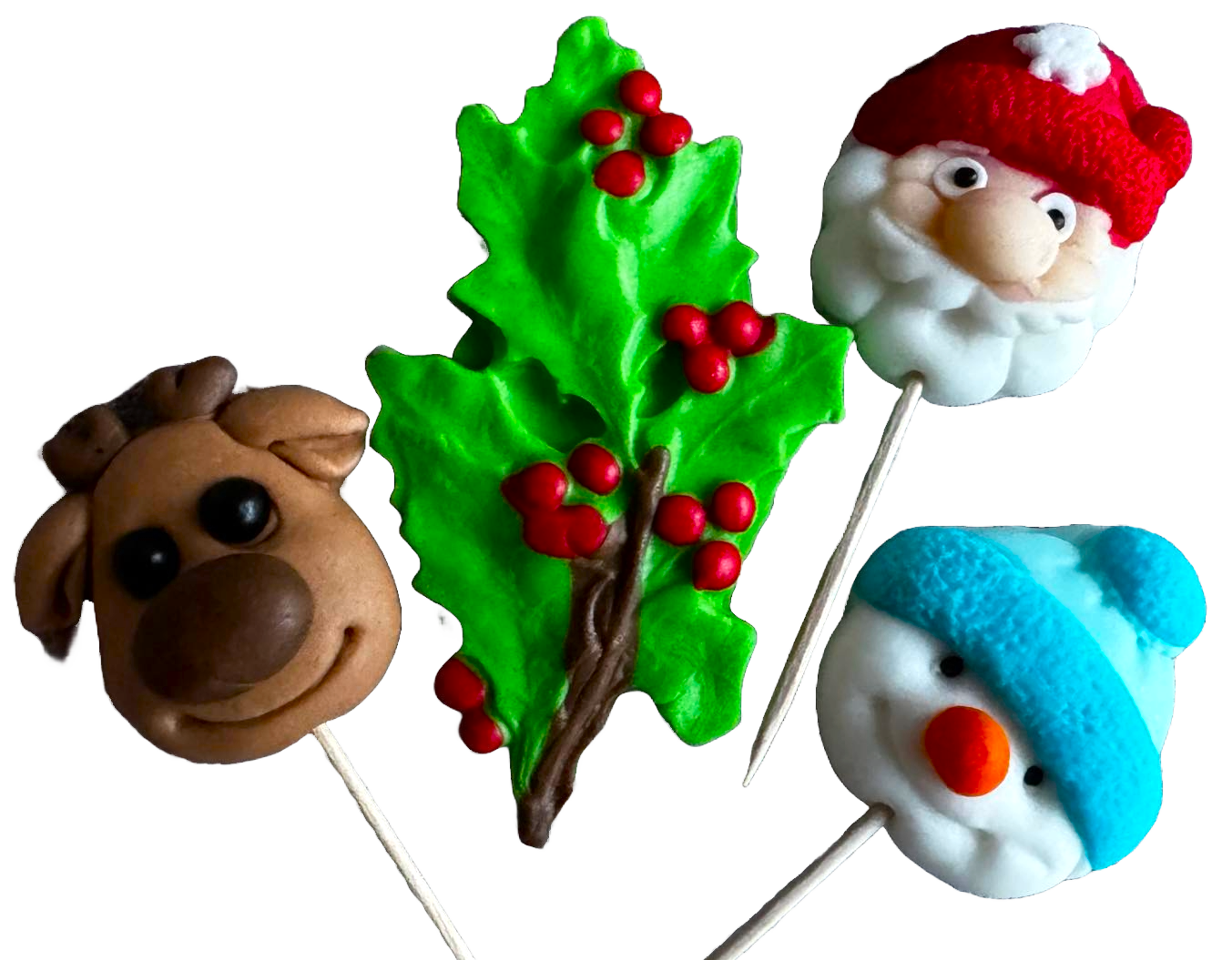 Set med 4 ätbara sockerpastadekorationer, jultoppare, renar, snögubbe, träd och jultomte Sockerpastadekorationer Naty Shop