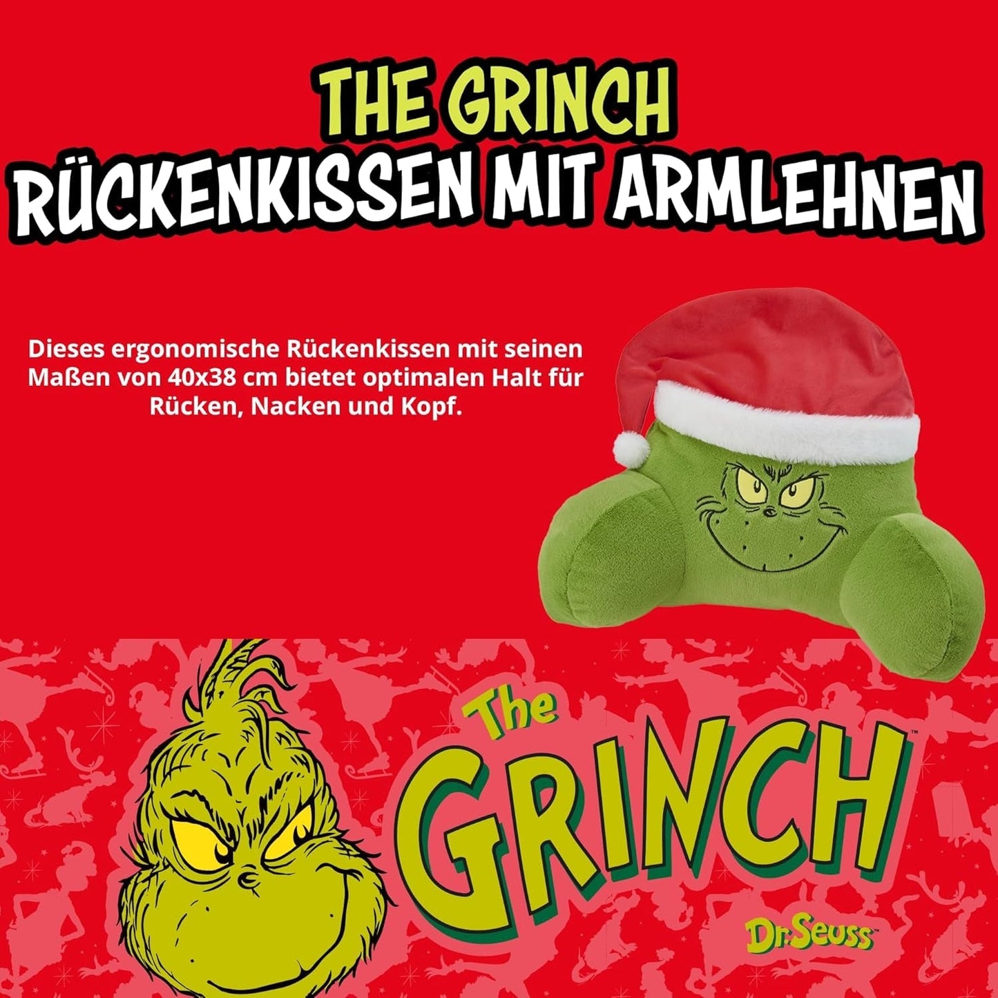 Grinchkudde - Ryggkudde för säng och soffa, ryggstöd med armstöd, Läskudde för rygg, nacke och huvud, grön, 40 x 38 cm