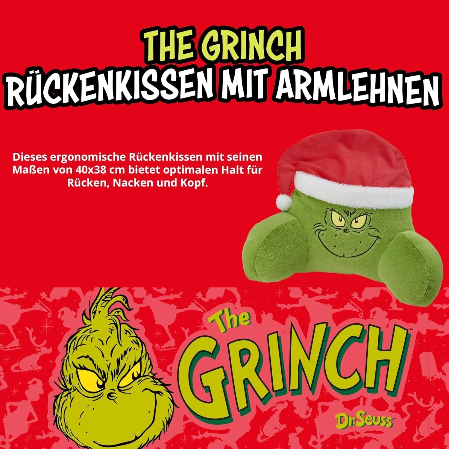 Grinchkudde - Ryggkudde för säng och soffa, ryggstöd med armstöd, Läskudde för rygg, nacke och huvud, grön, 40 x 38 cm