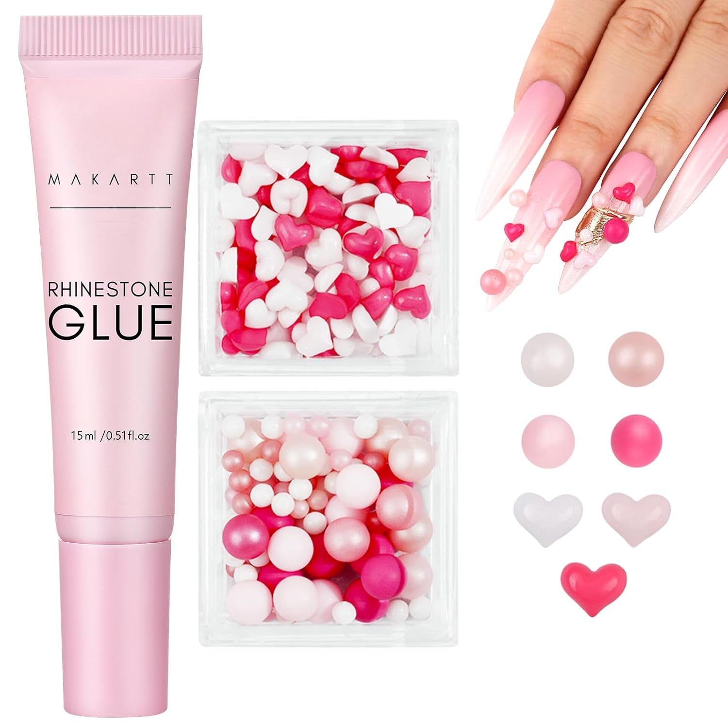 Makartt Rhinestone Adhesive Gel - 15ml UV Nagellim Set med Rosa Nail Charms Heart Circle Nail Smycken och Nageldesign Tillbehör för Hemmanikyr Alla hjärtans dag present