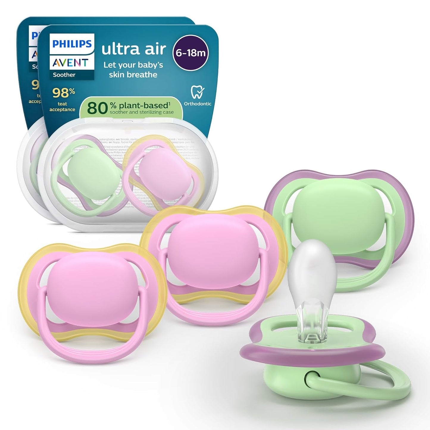 Philips AVENT ultraluftnappar - paket med 4 BPA-fria nappar som andas för bebisar 6-18 månader, inklusive bärväska och sterilisering, sköldpadda/valmönster (modell SCF085/66)