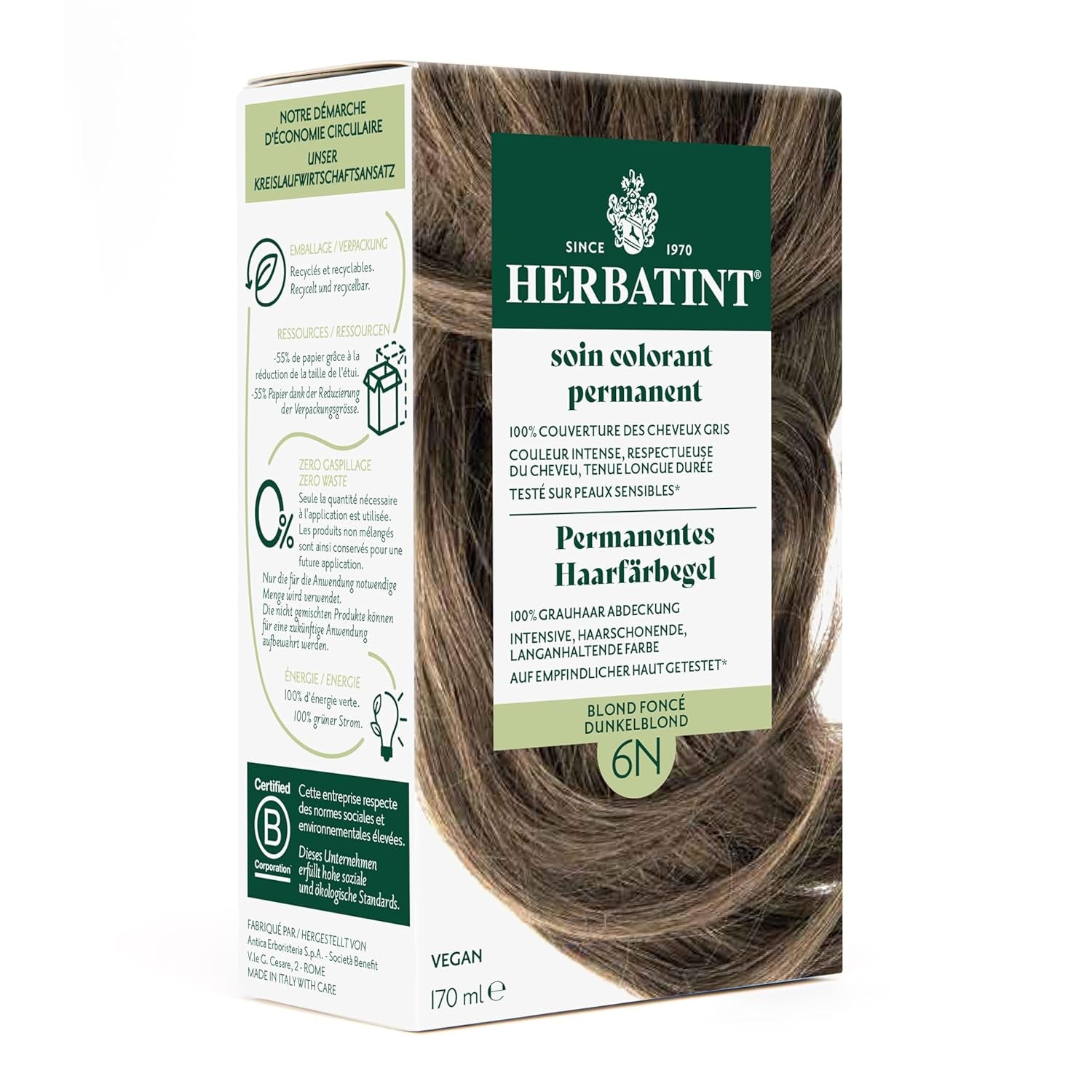 Permanent hårfärgningsgel 6N mörkblond - 170 ml I Ammoniakfri, 100 % täckning av grått hår I Testad på känslig hud, med 8 växtextrakt Hårfärgning Naty Shop 6N Mörkblond