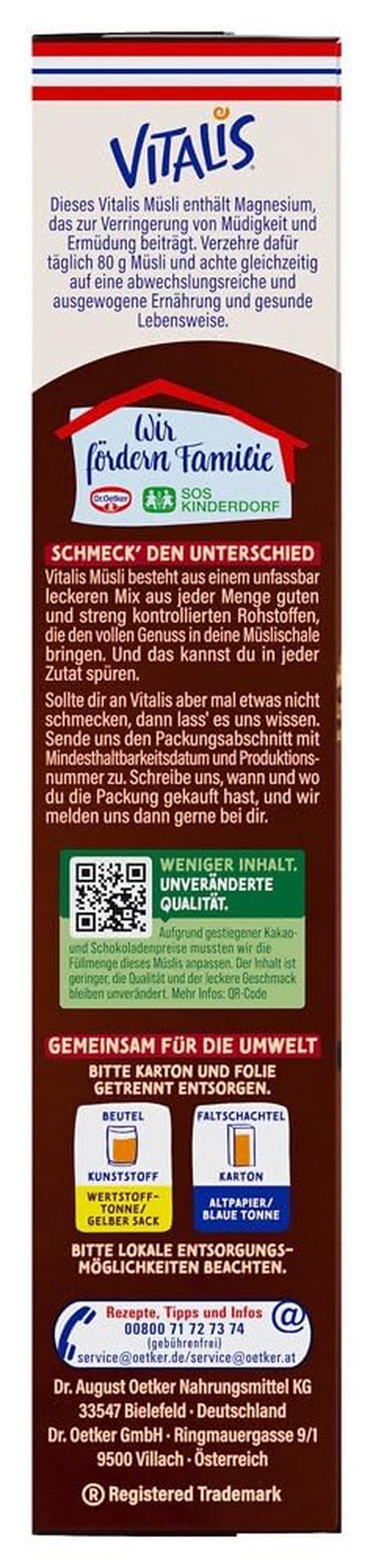 Dr. Oetker Vitalis KnusperPlus Double Chocolate: Krispig müsli med mjölk och mörk choklad, förpackning om 7 (7 x 450g)