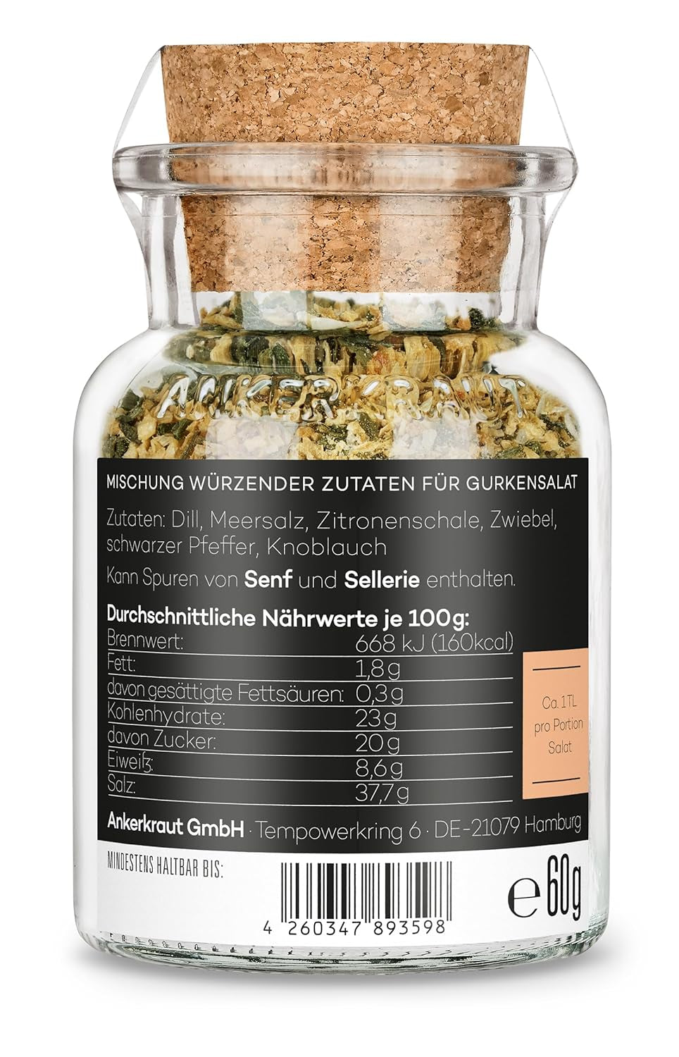 Ankerkraut Gurkensalat, 60 g i korkglas, Würze Gherken-Salat Ganz Einfach, Zuckerfrei och Ohne Gesmackverstärker, Mischung würzender Ingrediens für Salat