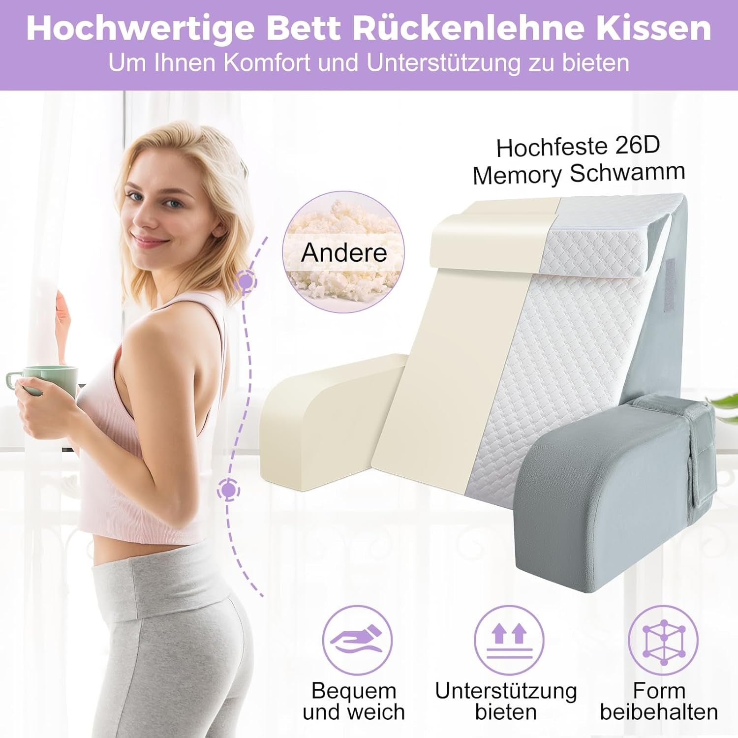 Stor läskudde med handtag, högdensitetsskum, ergonomisk ryggkudde, armstöd, nackstöd och nackstöd, lutande sittdyna för att sova, spela, titta på TV, för säng och soffa