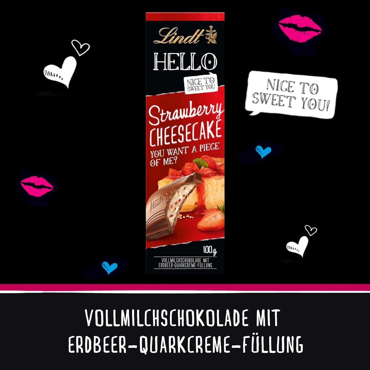Lindt HEJ Strawberry Chocolate Cheesecake | Bar 100g | Mjölkchoklad med jordgubbskvarg gräddfyllning | Chokladkaka | Choklad present