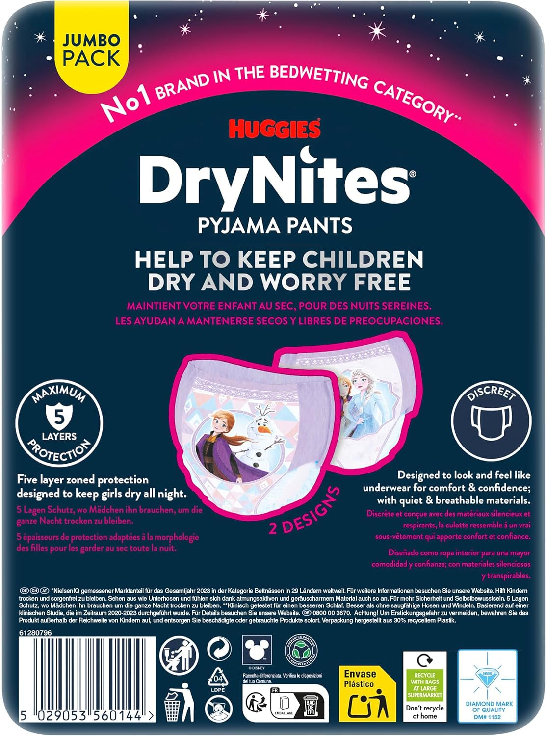 Huggies DryNites Superabsorberande nattblöjor för flickor 3-4 år (12-21 kg) 4 x 16 Count (64 Count totalt) Månatligt trosapaket