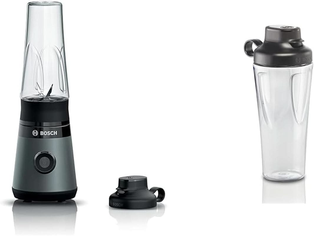 Bosch Mini-Standmixer Vitapower Serie 2 MMB2111S, Highspeed-Mixer, Bis Zu 40 000 Rpm, Tritan Togo-Flasche 0,6 L, Trinkdeckel, Bruchsicher, Spülmasch.Geeignete Teile, 450W, Silber/Schwarz Mit Kitchen Silber/Schwarzt Kitchen Naty Shop Bundle