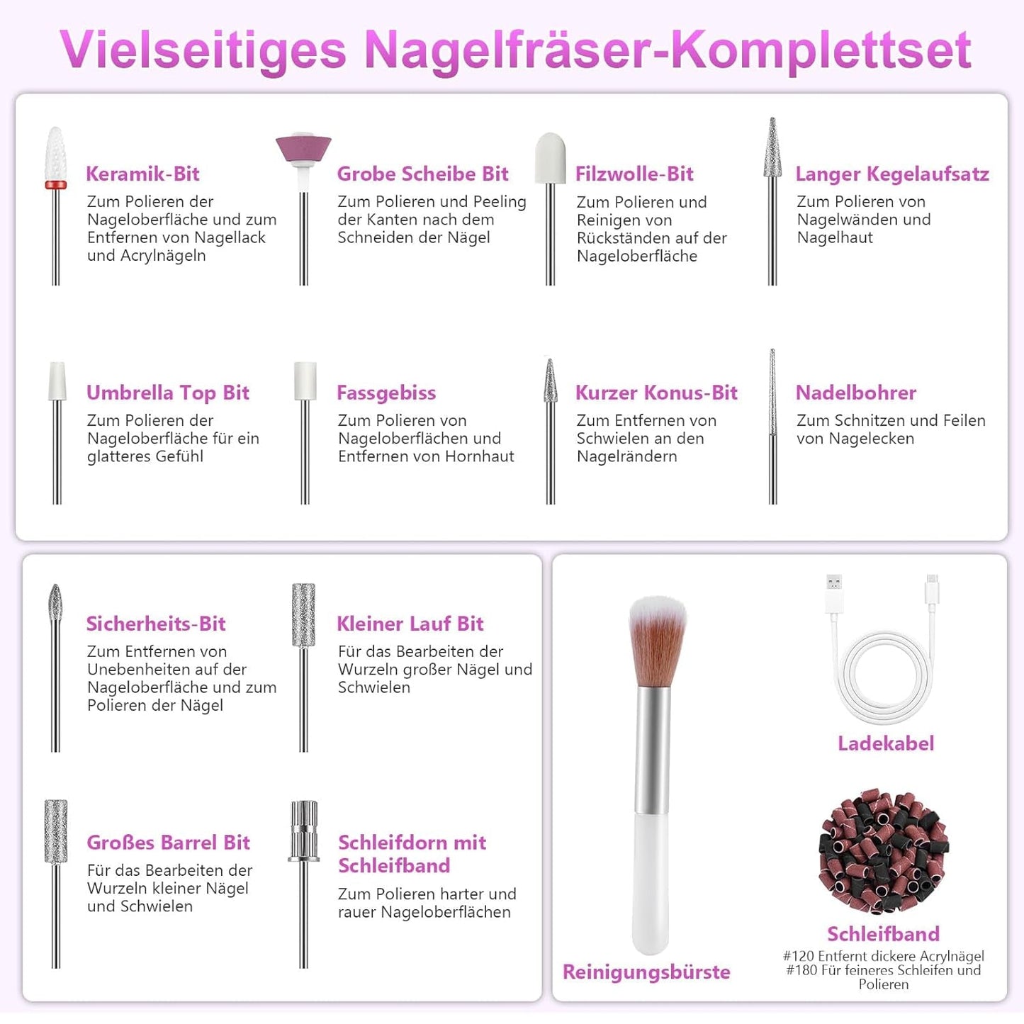 Sladdlös elektrisk nagelfil - 35000 RPM för gelnaglar, 12 i 1 professionell nagel- och akrylnagelfil, 5-hastighets manikyr- och pedikyrset