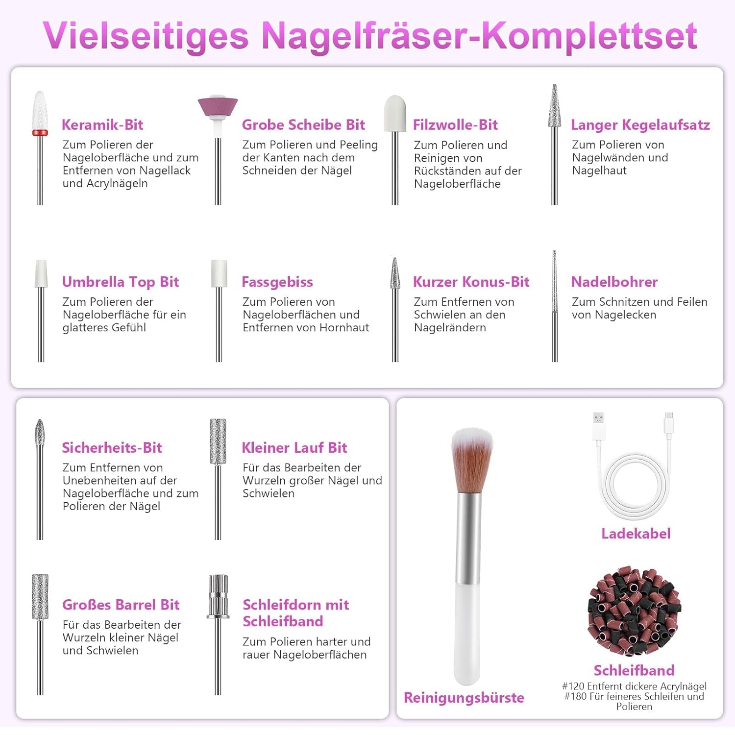 Sladdlös elektrisk nagelfil - 35000 RPM för gelnaglar, 12 i 1 professionell nagel- och akrylnagelfil, 5-hastighets manikyr- och pedikyrset
