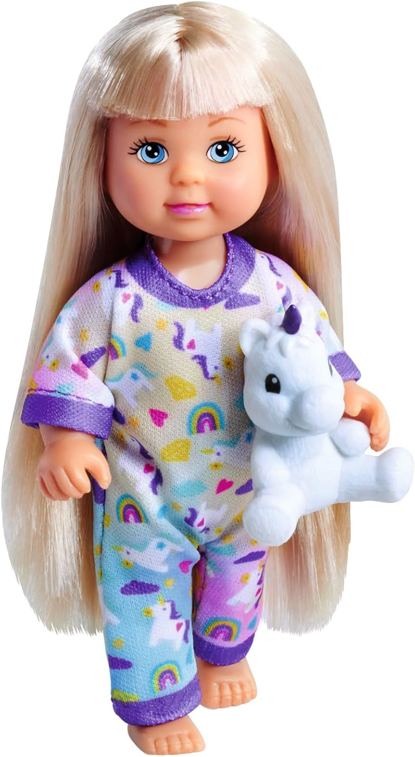Simba Evi Love Pyjamas, 3 olika färger, endast ett föremål skickat, docka i söt pyjamas med enhörningsplysch, lekdocka 12 cm, ålder 3+