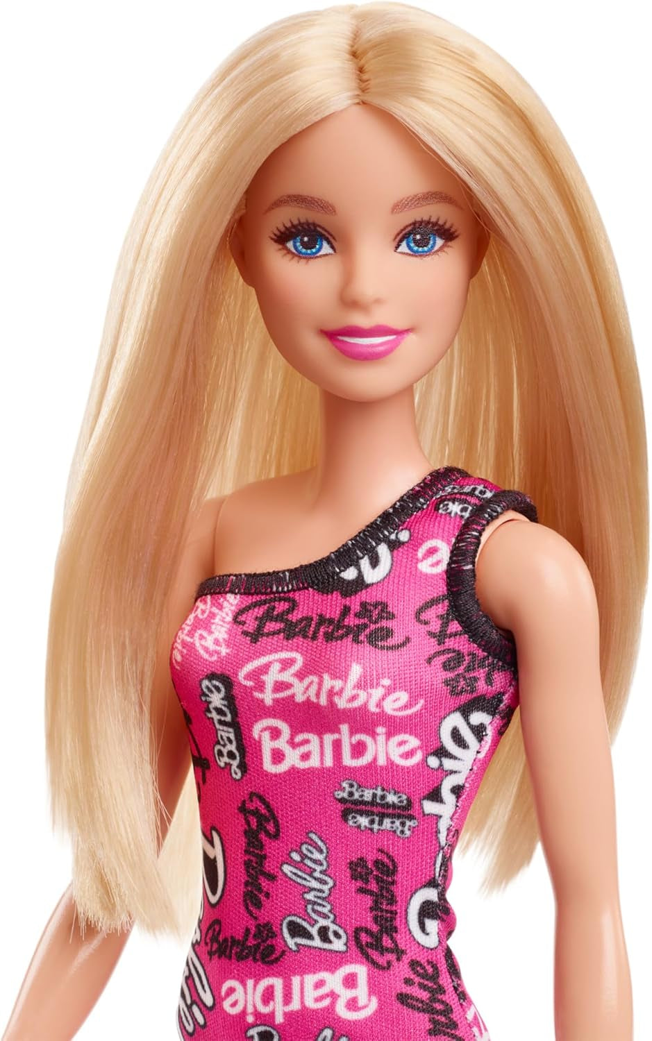 Barbie Modedocka med rakt blont hår i rosa One Shoulder Stretch-klänning och logotyptryckta skor HRH07 Naty Shop Dolls