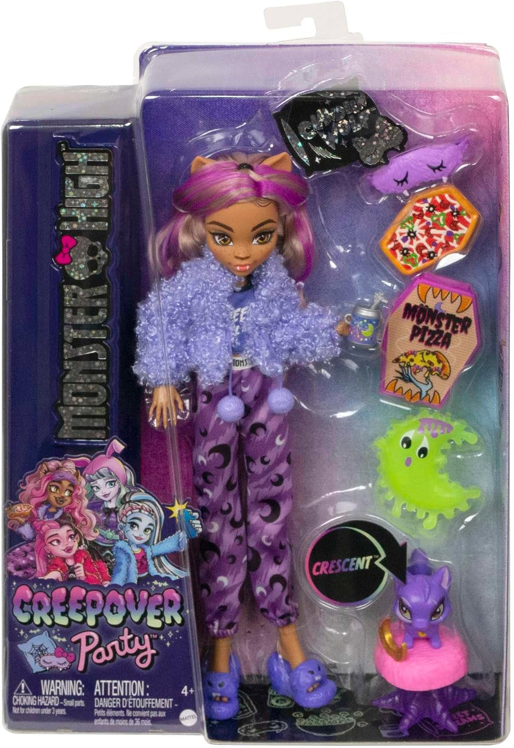 MONSTER HIGH Doll and Sleepover Accessories, Clawdeen Wolf Doll with Pet Cat, Crescent, Creepover Party, HKY67