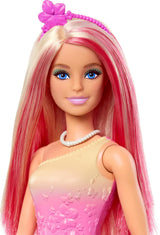 Royal Barbie Doll med blont och rosa snyggt hår, färgglada accessoarer, rosa gradienttopp och fjärilskjol, HRR08 Naty Shop Dolls