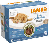 IAMS Delights Sea Collection Spannmålsfritt våtmat för katter - Multipack med olika fisk i sås, spannmålsfritt våtfoder för katter från 1 år, 12 x 85g