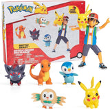 Pokémon Battle redo! 6-delad figuruppsättning - 11,4 Cm Ash & Launching Pikachu, 5,1 Cm Charmander, Rowlet, Piplup, Zorua - Officiellt licensierad - Påskpresent för barn, pojkar, flickor Actionfigurer Naty Shop Standardtitel