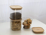 Set med 3 fyrkantiga glasbehållare med bambulock-800ml, borosilikatglas, bambu, silikon, naturlig, 11 x 11 x 11 cm Matförvaringslådor Naty Shop