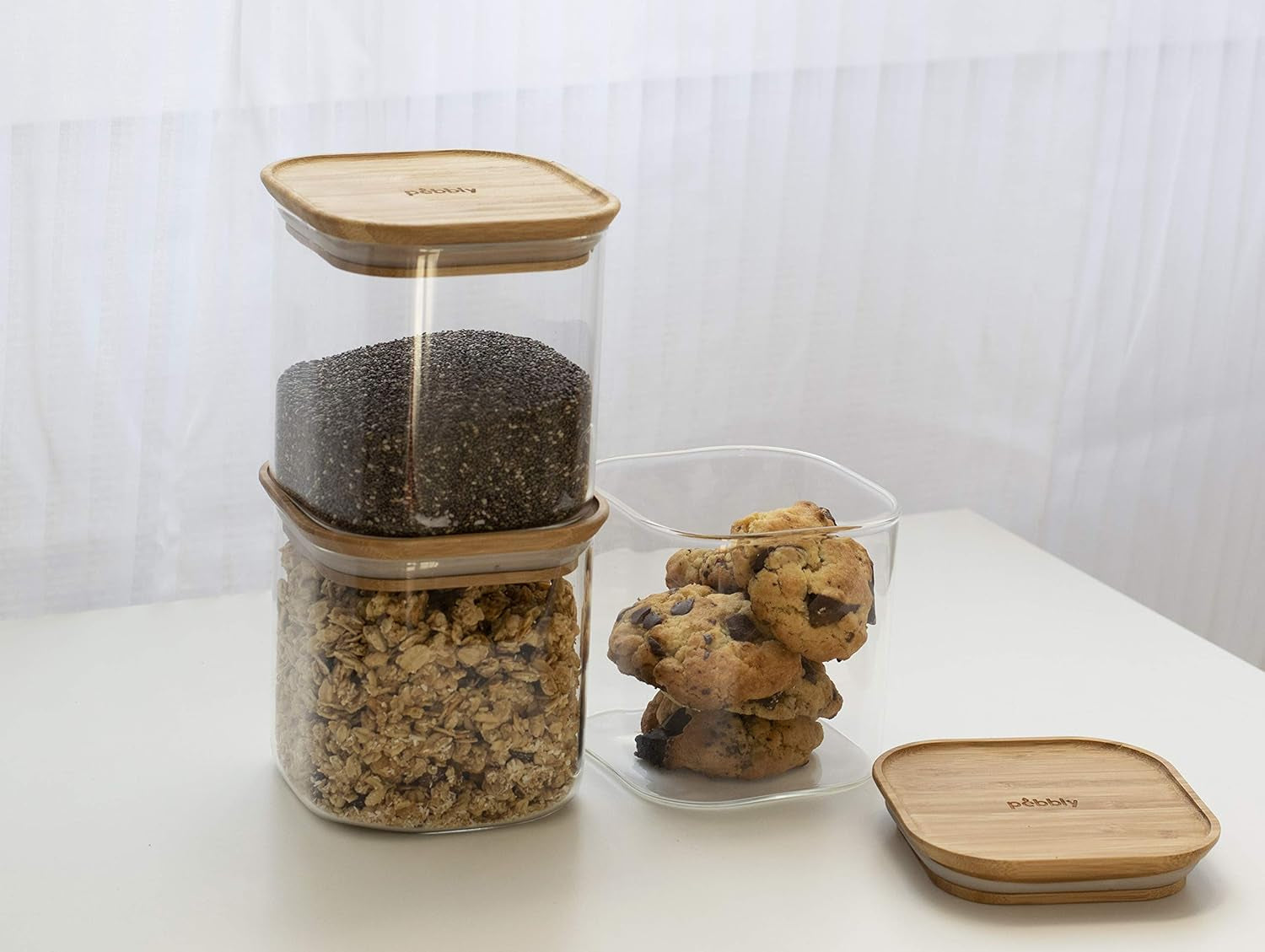 Set med 3 fyrkantiga glasbehållare med bambulock-800ml, borosilikatglas, bambu, silikon, naturlig, 11 x 11 x 11 cm Matförvaringslådor Naty Shop