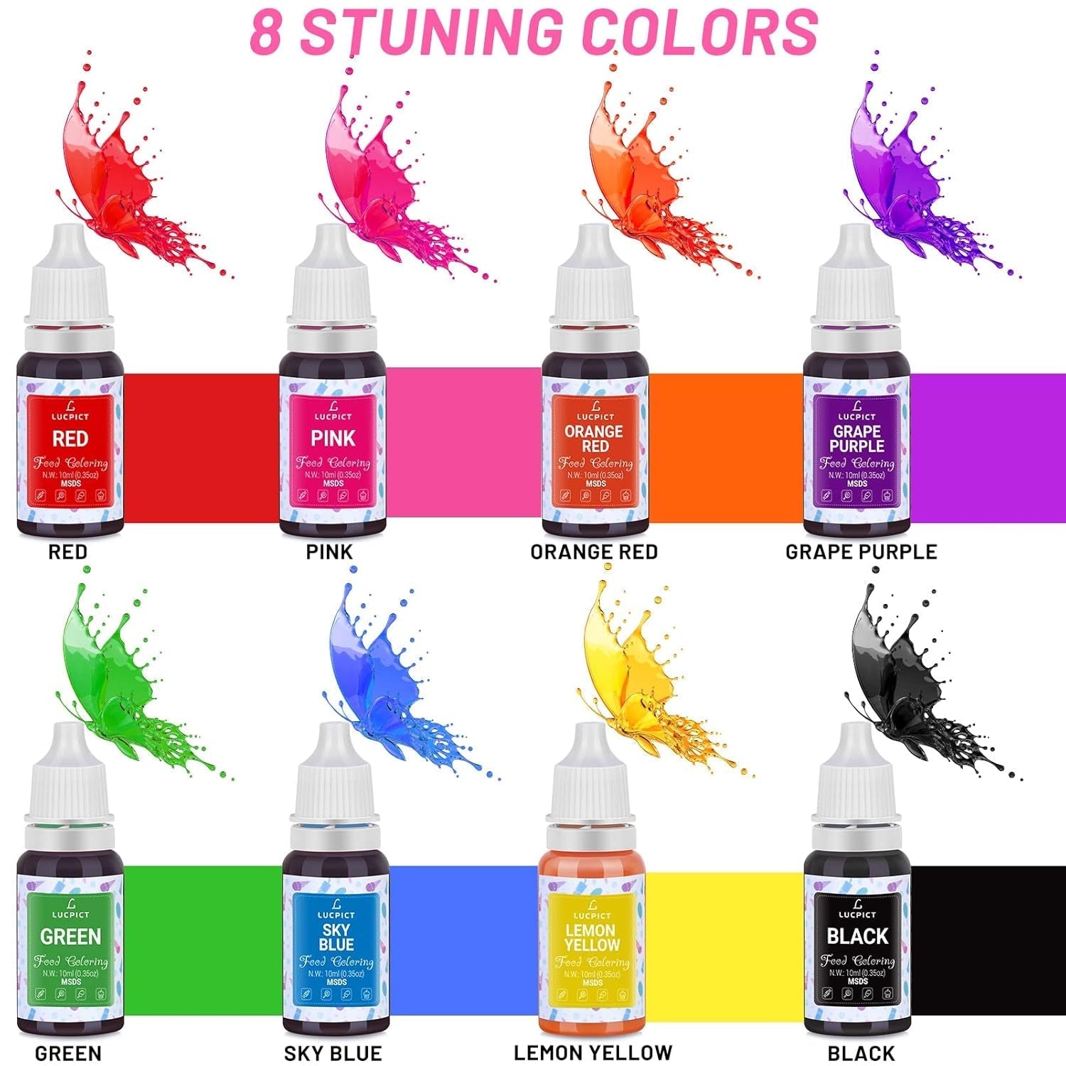 Matfärgning 8x10 ml - Högkoncentrerad flytande matfärgningssats för bakning, kakor, kakor, frosting, macarons, fondant - Livlig matfärg för gör-det-själv-tvålar, slime, hantverk