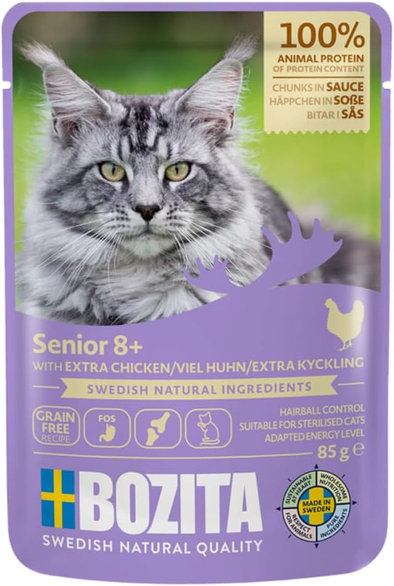 Bozita Senior 8+ Mound våtmat för katter med spannmål och massor av kyckling - 12 påsar x 85g, spannmåls- och vetefritt våtmat för katter - Våtmat för katter med 8,5 % protein och 4,5 % fett