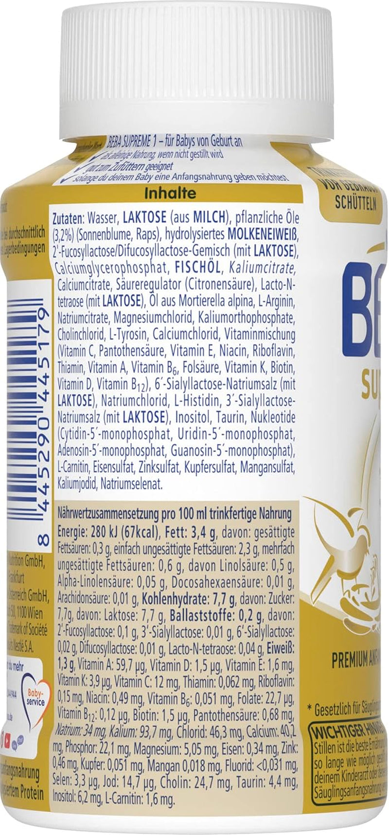 BEBA Nestlé BEBA SUPREME 1 Modersmjölksersättning: Drickfärdiga flaskor med Omega 3, 1 förpackning (1 x 200 ml)