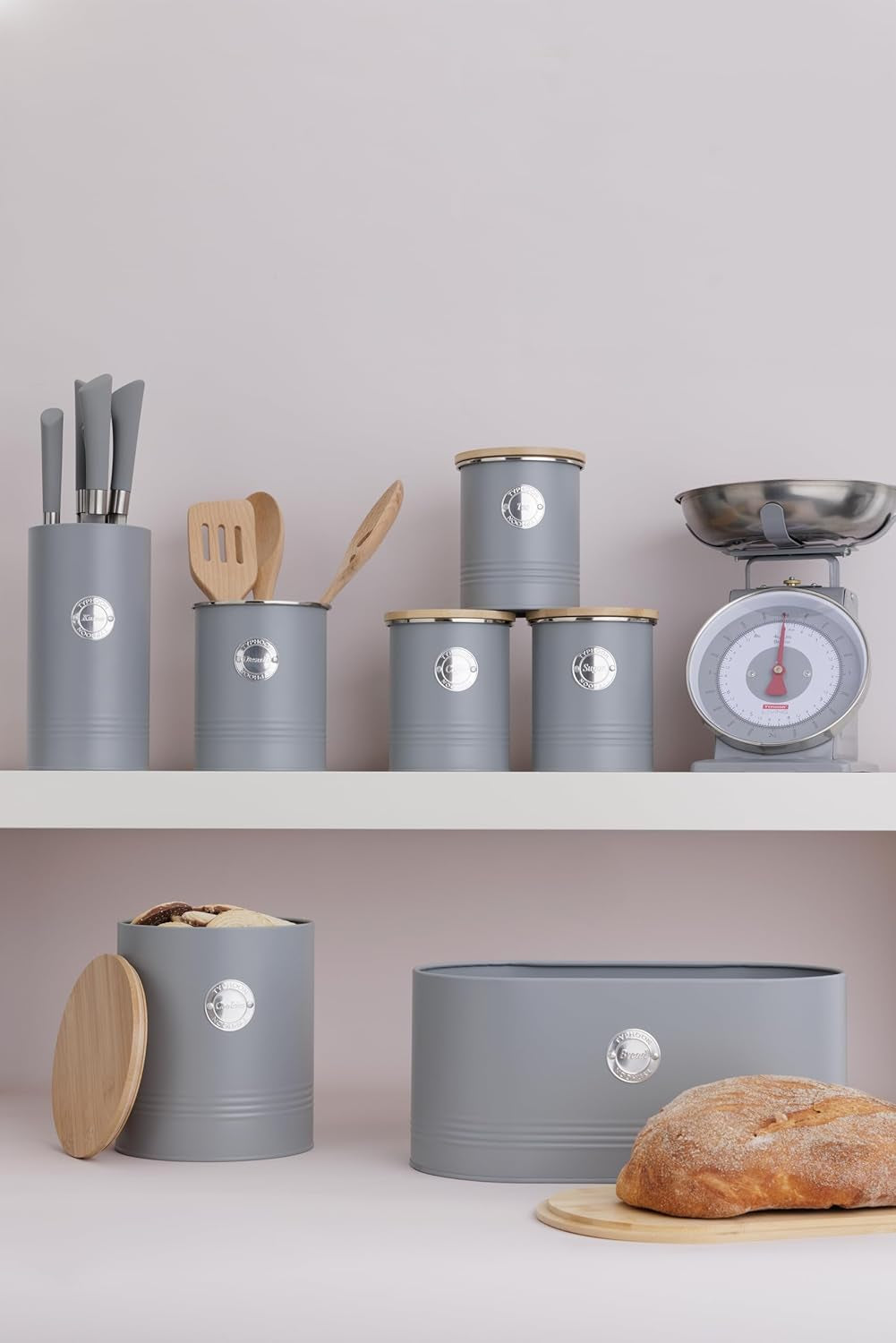 LIVING kollektion, kexburk med lock | pastellgrå | 3,4L förvaringsbox för kakor | kakburk i stål med lock | Bambu lufttäta förvaringsburkar med lock Naty Shop Food förvaringslådor