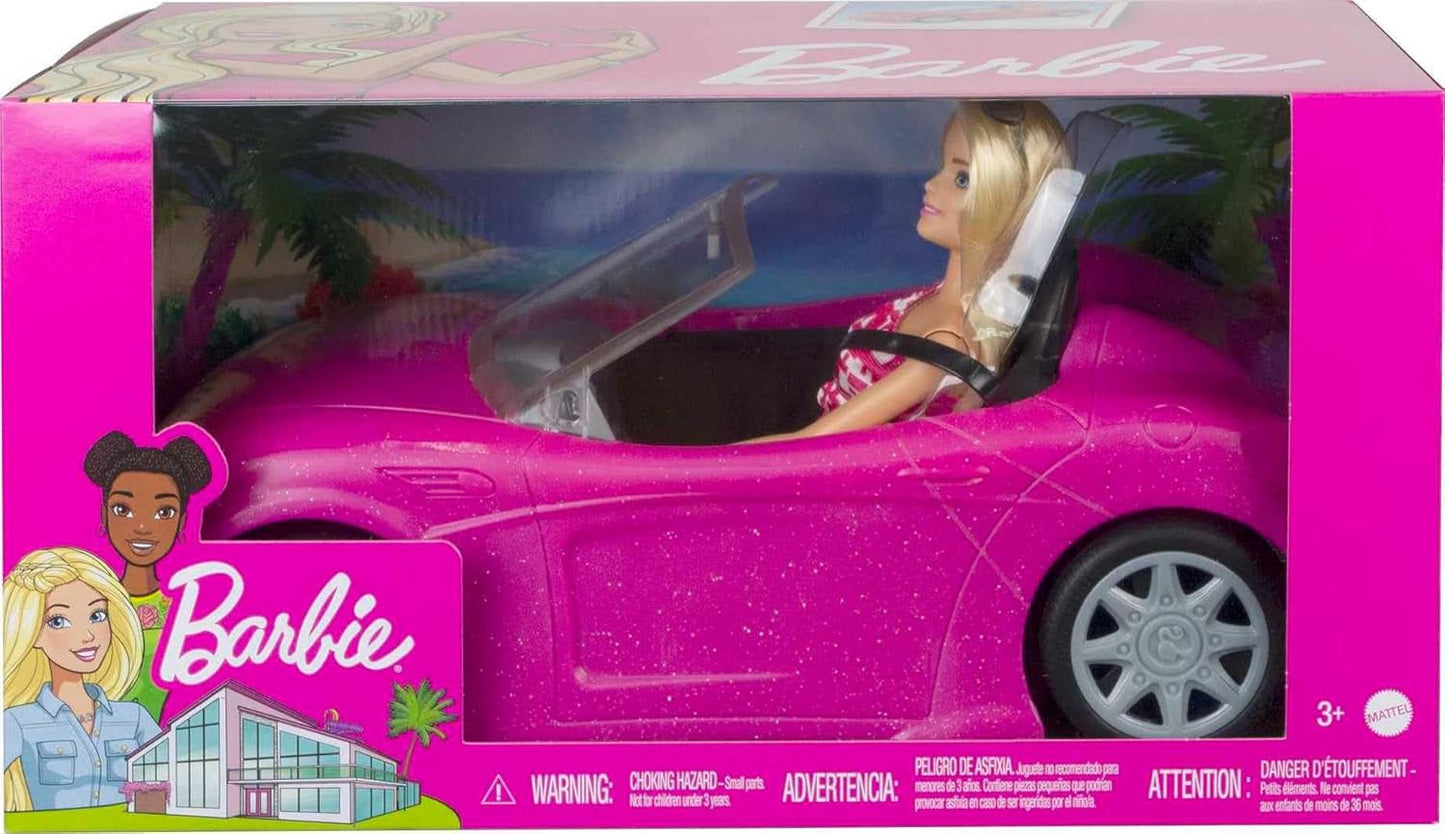 Barbie Doll and Pink Glitter Cabriolet, realistiska däck, logotyp, leksak för åldrarna 3 och uppåt, DJR55