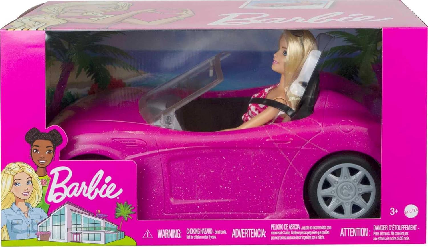 Barbie Doll and Pink Glitter Cabriolet, realistiska däck, logotyp, leksak för åldrarna 3 och uppåt, DJR55