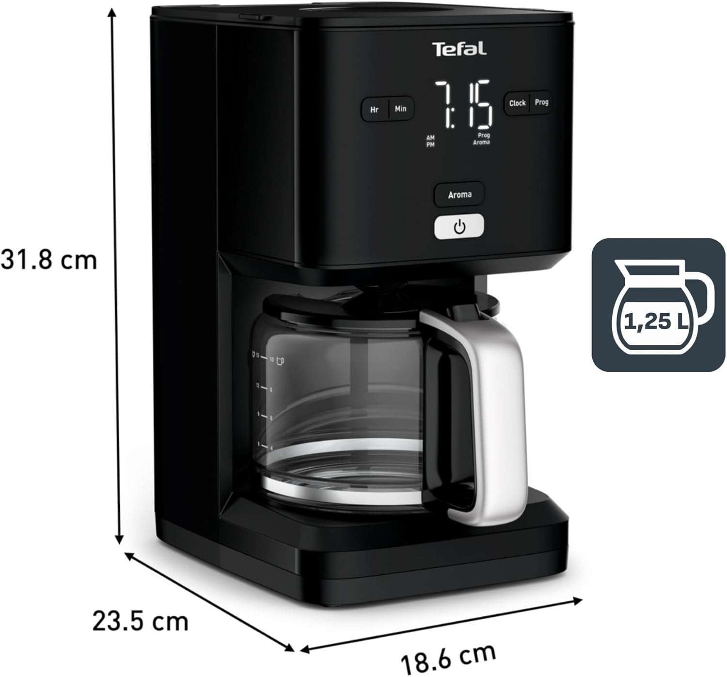 Tefal Smart'n Light Espressomaskin med timer, Espressomaskin med programmerbart filter 1,25 L, Aromafunktion för intensiv arom, Varmhållningsfunktion, Anti-dropp och lätt att rengöra, Svart