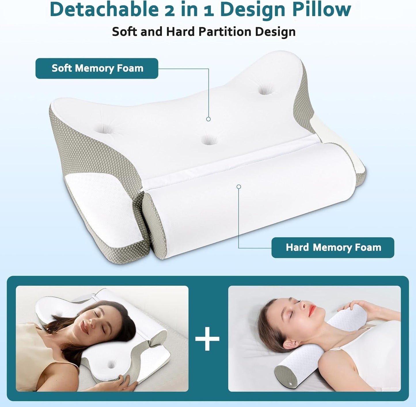 TopEsct Memory Foam kudde, sidosömnskudde, nackkudde, huvudkudde för sidosliprar (grå)