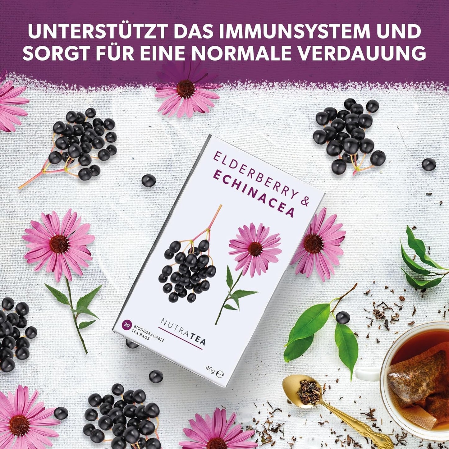 Nutra-te fläderbär & echinacea, immunitets- och förkylningste, immunstödste, kallkamp, ​​20 återanvändbara tepåsar, naturligt örtte
