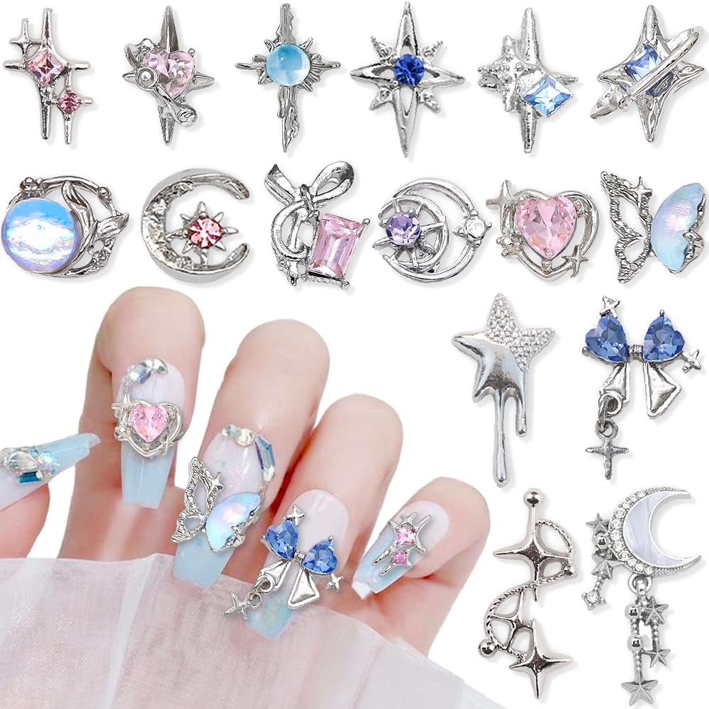 16 Stile Luxus Mond Stern Nagel Charms 3D Nail Charms Y2K Legierung Strasssteine ​​​​Bogen Schmetterling Nagel Schmuck Metall Nail Art Charms Nägel Glitzersteine ​​Nailart Rhinestones Nageldesign Zubehör