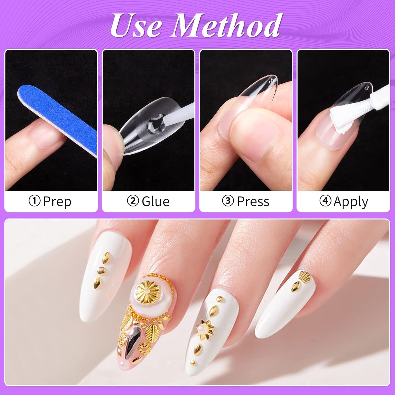 Becellen 500 st konstgjorda nagelspetsar, mjuka gelnagelspetsar, heltäckande, gelnagelspetsar, förpolerade konstgjorda naglar, DIY Nail Art limset (mandlar)